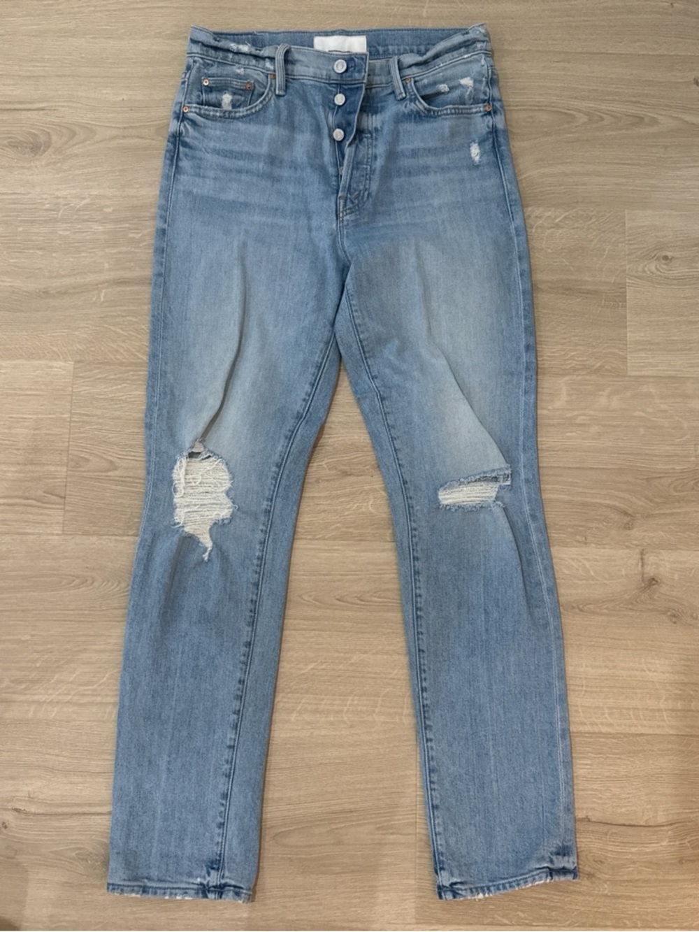MOTHER High-Rise Distressed Jeans in Light Blue